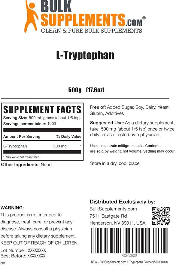 BulkSupplements.com L-Tryptophan Powder 500mg, Tryptophan 500mg per 500g (1.1 (1.1 lbs) 1)