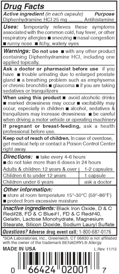 SDA LABORATORIES Diphenhydramine HCI Antihistamine 25 100 Count (1 Bottle)