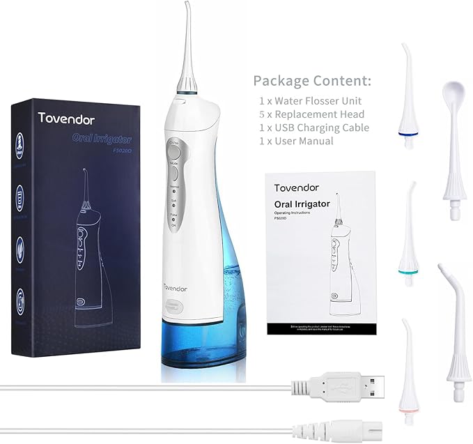 TOVENDOR Electric Water Flosser, Rechargeable Dental 3 Modes, 5 Tips (300ML, IPX7Waterproof IPX7Waterproof Waterflosser)