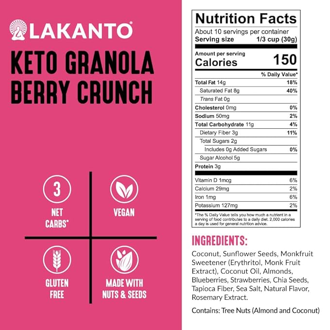 Lakanto Berry Crunch Granola - Delicious Snack, Quick Breakfast Cereal, Keto Friendly, Monk Fruit Sweetener, No Sugar Added, Vegan, Gluten Free, Grain Free, 3g Net Carbs (11 oz)