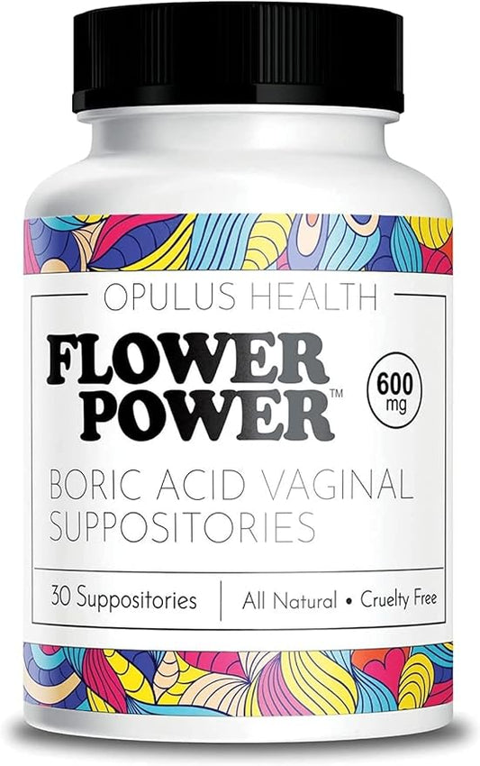 Flower Power Vegan Boric Acid Suppositories 30 Capsules 600mg for