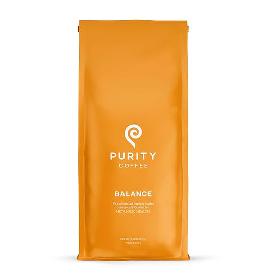 Purity Coffee BALANCE ⅔ Decaf Medium Roast Whole Bean Coffee (5lb Bag) - Specialty-Grade Mountain Water Processed Decaf + Regular Arabica Blend- USDA Certified Organic Decaffeinated - Third Party Tested for Mold, Mycotoxins, Pesticide Residue