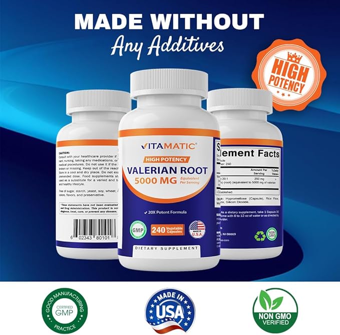 Vitamatic 2 Packs Valerian Root 5000 20X Concentrated 20:1 250mg 250mg - 240 Capsules