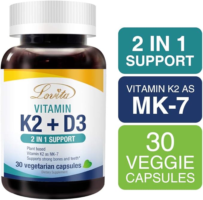 Lovita Vitamin K2 + D3, 400 D3 & 120 mcg K2 (MK-7), (MK-7), 2 2 in 1 Formula, 30 Vegetarian 3)