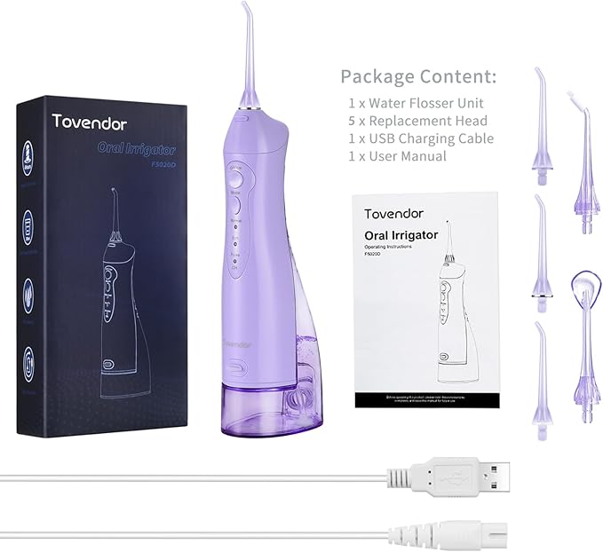 TOVENDOR Electric Water Flosser, Rechargeable Dental 3 Modes, 5 Tips (300ML, IPX7Waterproof IPX7Waterproof Waterflosser)