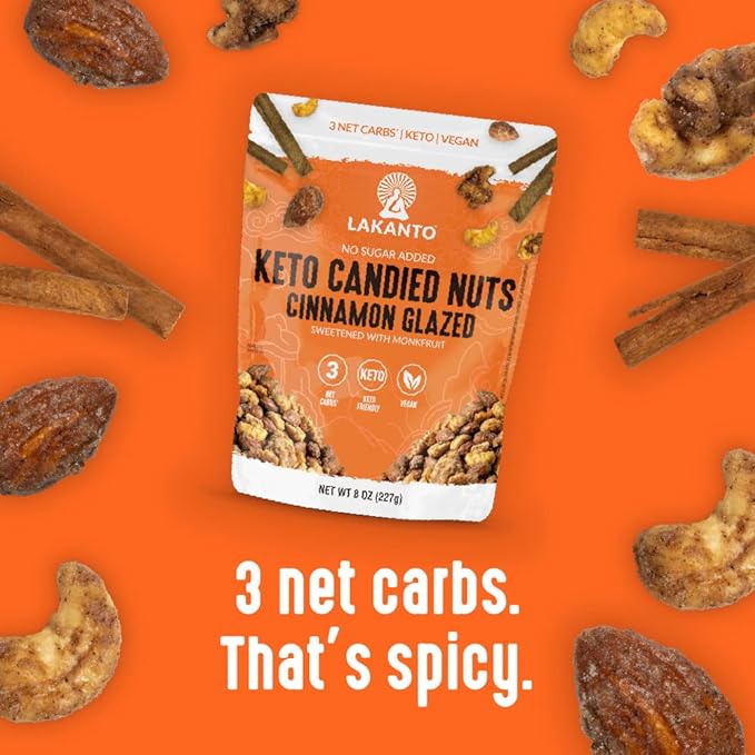 Lakanto Candied Nuts Cinnamon Glazed - No Sugar Added, Sweetened with Monk Fruit, 3 Net Carbs, Keto Diet Friendly, Vegan, On the Go Snack Anytime (Cinnamon Glazed)