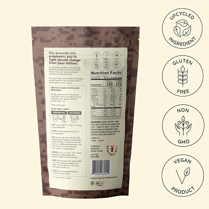 Renewal Mill Dark Chocolate Brownie Mix 18 oz, Gluten-Free, Vegan, Non-GMO, Upcycled Ingredients I Easy to Make in One Bowl, Only Requires Oil and Water, Kid-Friendly | Packaging May Vary