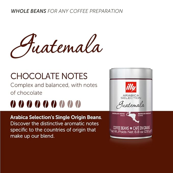 illy Whole Bean Coffee - Perfectly Roasted Whole Coffee Beans – Guatemala Dark Roast - with Notes of Chocolate – Complex & Balanced - 100% Arabica Coffee - No Preservatives – 8.8 Ounce, 6 Pack