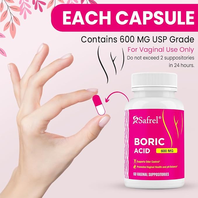 Safrel Boric Acid Vaginal Suppositories 60 Count (1-Pack) – 100% Pure