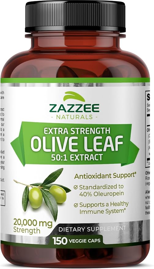 Zazzee Extra Strength Olive Leaf 50:1 20,000 mg 40% Oleuropein, 150 Vegan 5 Month 50X Extract, 100% Vegetarian,