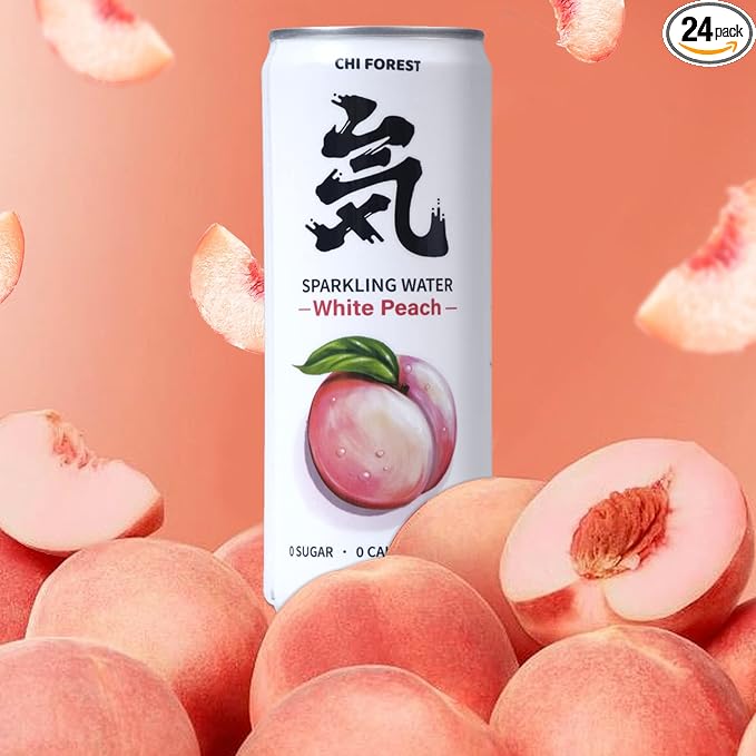 CHI FOREST White Peach Sparkling Water 24 Cans, Flavored Sparkling Water, 0 Sugar and 0 Calorie Bubbly Water, Refreshing Carbonated Water, Perfect for Party, Exercise or Work, 11.16 Fl oz, Pack of 24