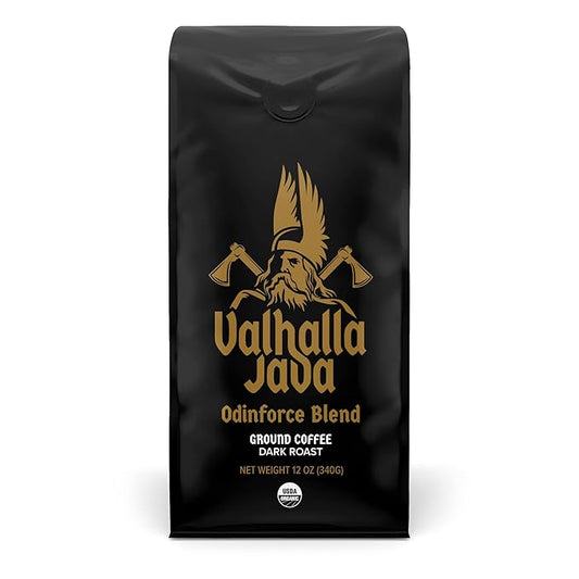 Death Wish Coffee Valhalla Java Dark Roast Ground Coffee, 12 Oz, Bold & Intense Blend of Arabica Robusta Beans, USDA Organic