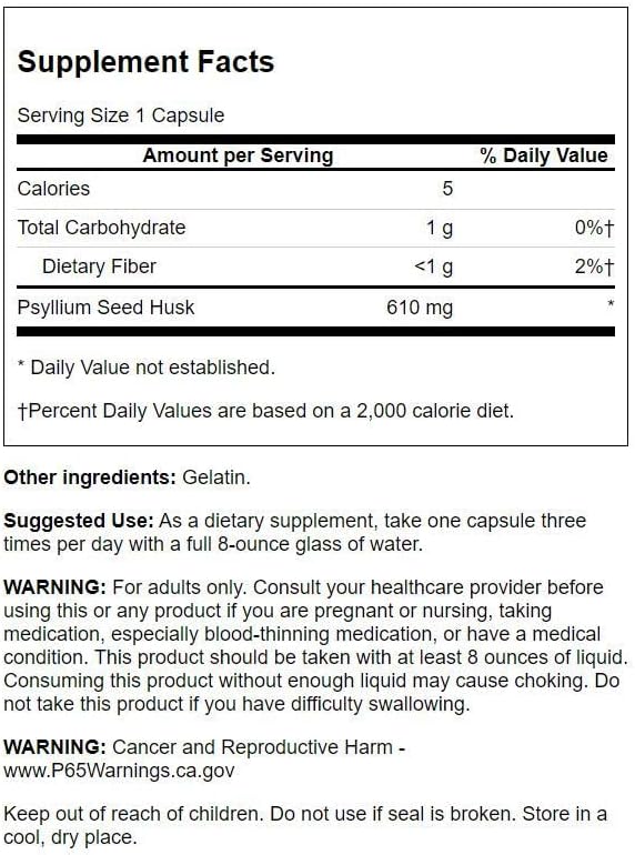 Swanson Psyllium Husk Dietary Fiber Supplement 610 mg 300 Capsules 4 Pack
