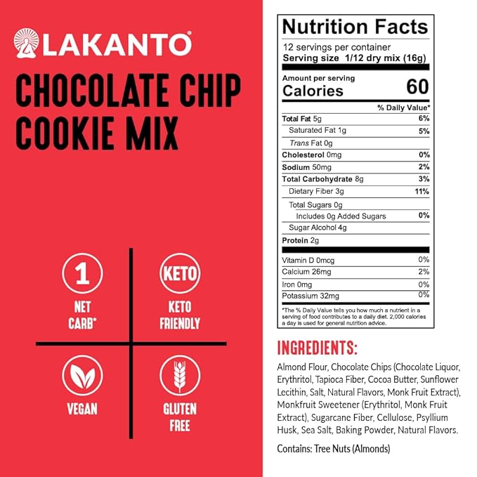 Lakanto Sugar Free Chocolate Chip Cookie Mix - Sweetened with Monk Fruit Sweetener, Gluten Free, Keto Diet Friendly, Vegan, 2g Net Carb, Almond Flour, Sea Salt (12 Cookies)