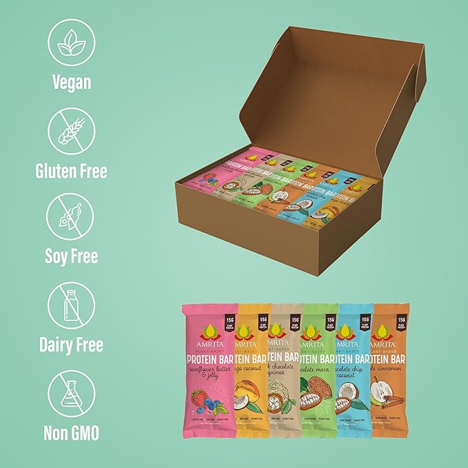 AMRITA Vegan Protein Bars Variety Pack (6 Flavors), 15g Plant