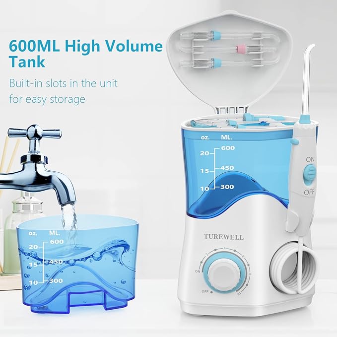TUREWELL Water Dental Flosser for Teeth/Braces, 8 Jet 10 Pressure 600ML Large