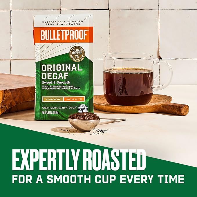 Bulletproof Original Medium Roast Ground Decaf Coffee, 12 Ounces, 100% Arabica Coffee Sourced from Central and South America