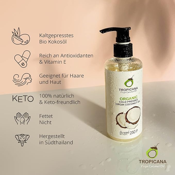 Tropicana Virgin Coconut Oil USDA Organic 8.45 fl. oz. Whole Kernel Cold-Pressed Coconut Oil Hexane-Free Not-Hydrogenated Great for Hair & Skin with Delicious Light Coconut Flavor & Aroma
