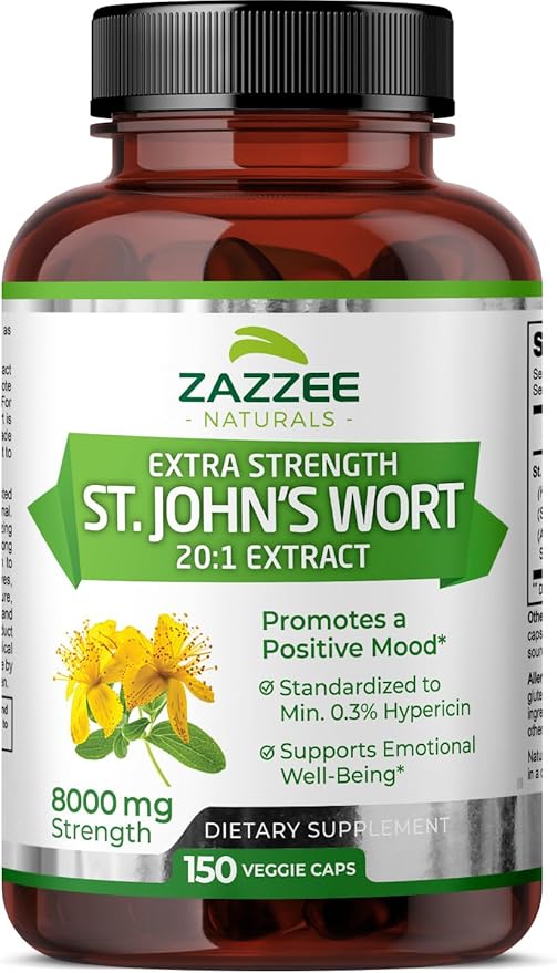 Zazzee Extra Strength St. John’s Wort 20:1 Extract, 8000 mg 0.3% Hypericin, 150 Vegan 5 Month 20X Extract, 100% Vegetarian,