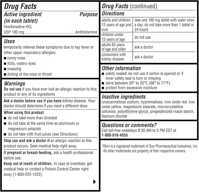 Ohm Fexofenadine Antihistamine Indoor Outdoor Allergy 150Tablets -