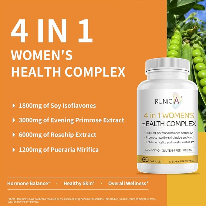 Women's 4-in-1 Natural Hormonal Balance & Skin Health Supplement - Rose Hip, Soy Isoflavones, Evening Primrose & Pueraria Mirifica Extract - 60 Gluten-Free Vegan Capsules