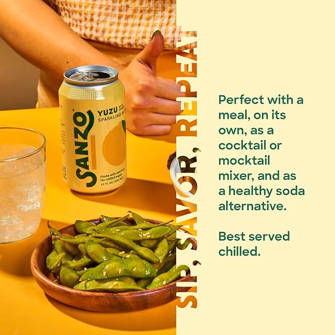 Sanzo Flavored Sparkling Water - Yuzu (Lemon) 12-Pack - Carbonated Drink Made with Real Fruit & Sugar-Free - Non-GMO, Gluten-Free & Vegan - 12 Fl Oz Cans - Pair With Ginger For Balanced Punch