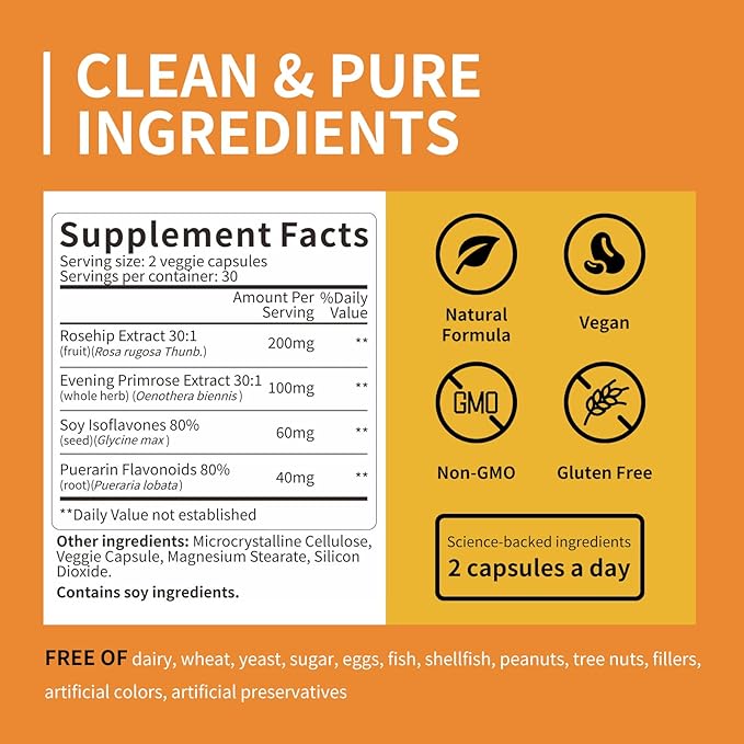 Women's 4-in-1 Natural Hormonal Balance & Skin Health Supplement - Rose Hip, Soy Isoflavones, Evening Primrose & Pueraria Mirifica Extract - 60 Gluten-Free Vegan Capsules