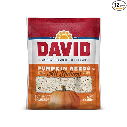 DAVID Seeds Salted and Roasted Pumpkin Seeds, Keto Friendly Snack, 5 OZ Bags, 12 Pack