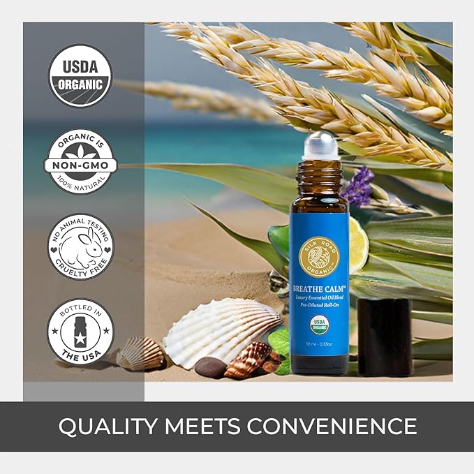 Organic Breathe Calm Essential Oil Breathe Easy Blend Roll On, 100% Pure USDA Certified Aromatherapy for Cold, Cough, Congestion, Allergy Relief, & Wellness - 10 ml Roller by Silk Road Organic
