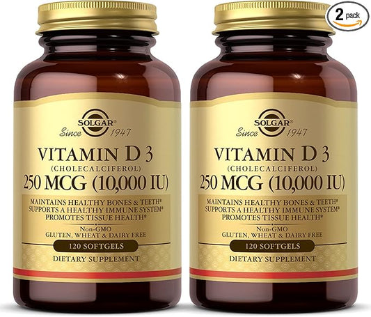 SOLGAR Vitamin D3 (Cholecalciferol) 250 MCG (10,000 IU), 120 Softgels 2 Pack 120 Servings