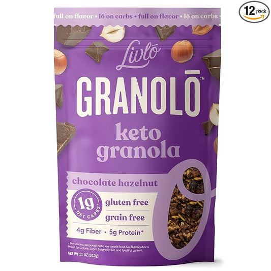 Livlo Keto Granola Cereal - 1g Net Carbs - Grain Free & Gluten Free Cereal - Low Carb Keto Snacks & Food - Ketogenic, Paleo & Diabetic Friendly - Chocolate Hazelnut, 11oz
