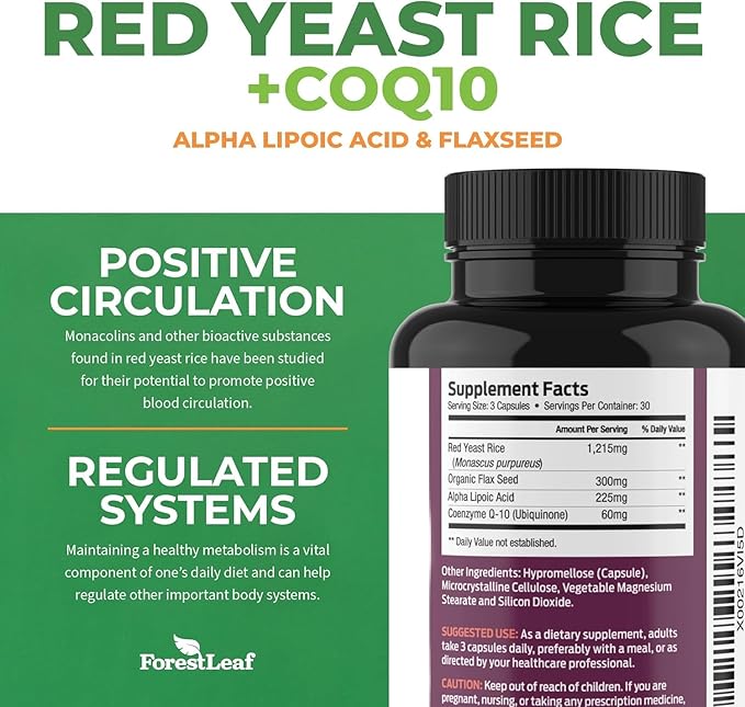 Red Yeast Rice 1200 mg. Capsules CoQ10 Supplement, 90 Veggie