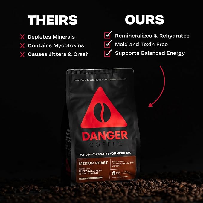 Danger Coffee by Dave Asprey, Remineralized, Mold Free & Lab Tested Whole Bean Coffee, Medium Roast, 10.9 Ounce