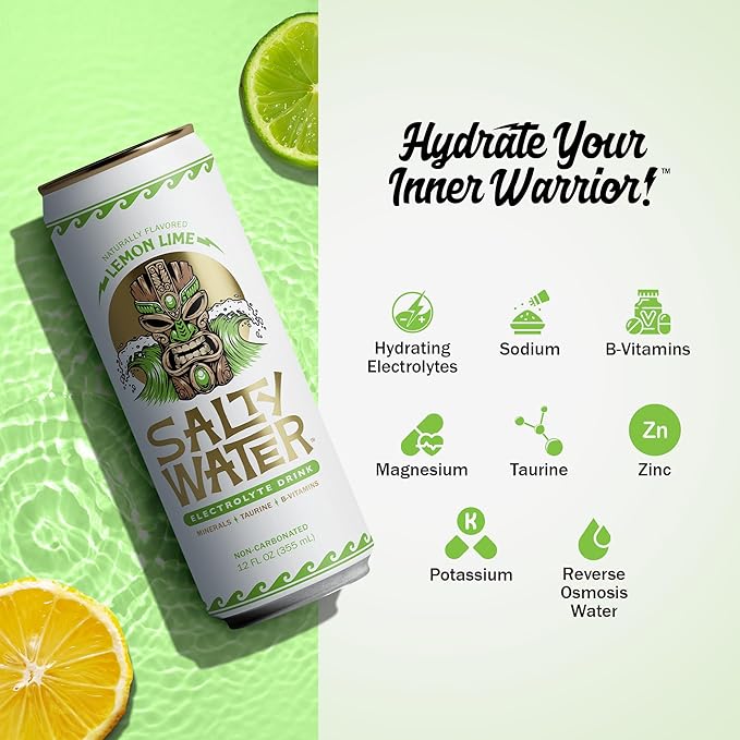 SaltyWater Electrolyte Drink, Lemon Lime – Zero Sugar Premium Hydration Drink, 10 Calories, Minerals, Taurine, B-Vitamins, Non-Carbonated - Zero Caffeine Electrolyte Sports Drink - Keto, Paleo, Vegan - 12 Pack (12 oz)