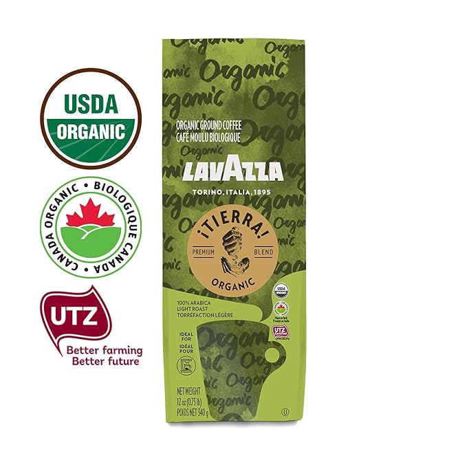 Lavazza ¡Tierra! Usda Organic Ground Coffee Premium Blend Authentic Italian, 100% Arabica Blended And Roasted in Italy, Value Pack, USDA Organic, 100% Sustainable Grown, 12 Oz (Pack of 6)