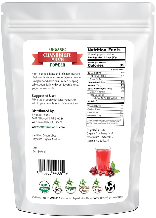 Z Natural Foods Organic Cranberry Juice Powder, Nutrient-Packed Superfood Powder, Perfect for Smoothies, Tea, Juice, Cooking, and Baking, Vegan, Non-GMO, Gluten-Free, 1 lb