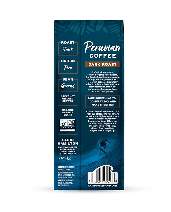 Laird Superfood Peruvian Dark Roast Caffeinated Ground Coffee, Ethically Sourced Premium Ground Coffee, Gluten-Free, Dairy-Free, Non-GMO, Paleo, Keto Friendly, 12 oz. Bag