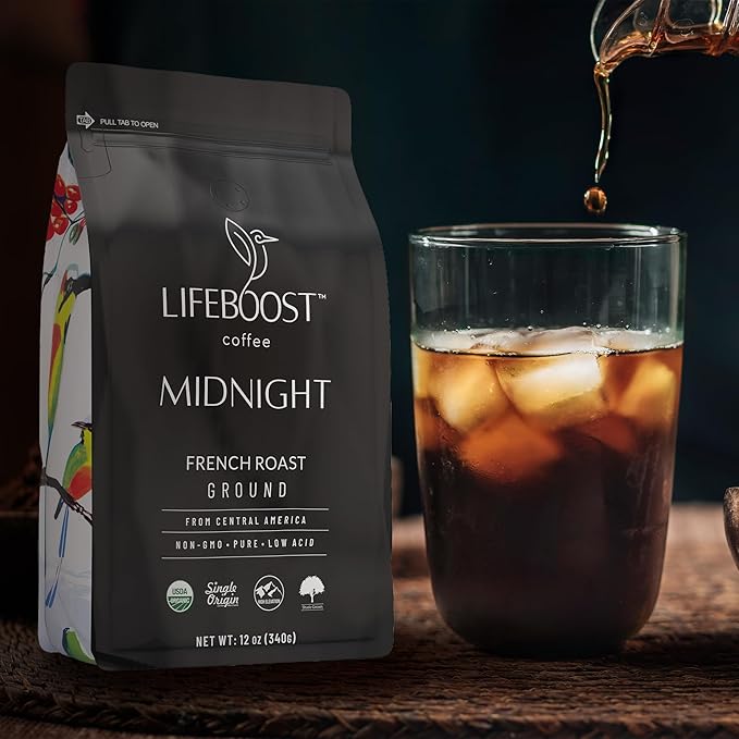 LIFEBOOST Midnight Coffee French Roast Coffee Ground - Single Origin USDA Organic Low Acid Coffee French Roast - Non-GMO Ground Coffee - Third Party Tested For Mycotoxins & Pesticides - 12 Ounces