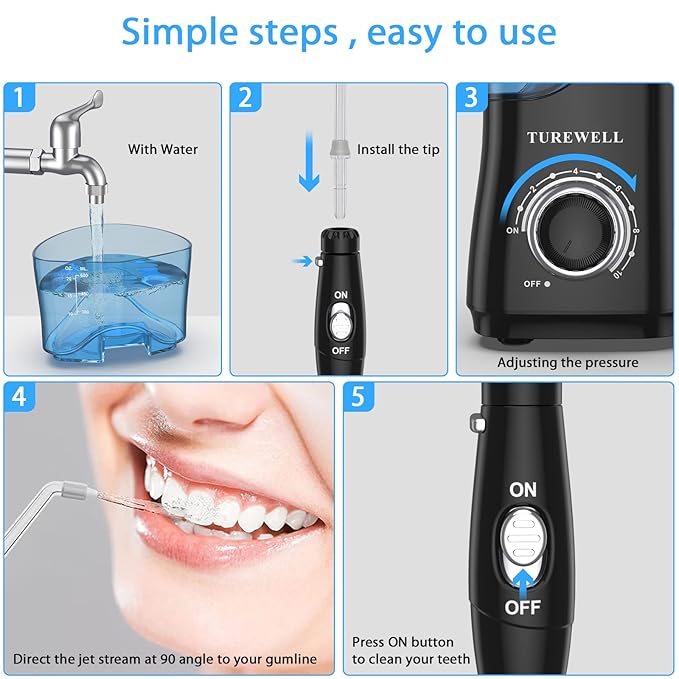 TUREWELL Water Dental Flosser for Teeth/Braces, 8 Jet 10 Pressure 600ML Large