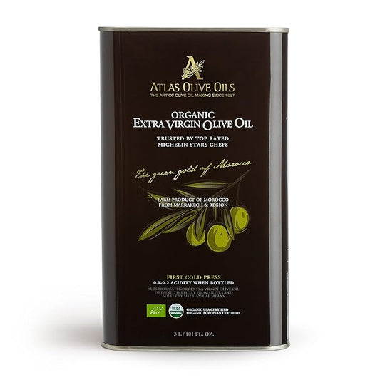 Atlas 3 LT Organic Cold Press Extra Virgin Olive Oil with Polyphenol Rich from Morocco|Newly Harvested Unprocessed from One Single Family Farm | Moroccan EVOO Trusted by Michelin Star Chefs