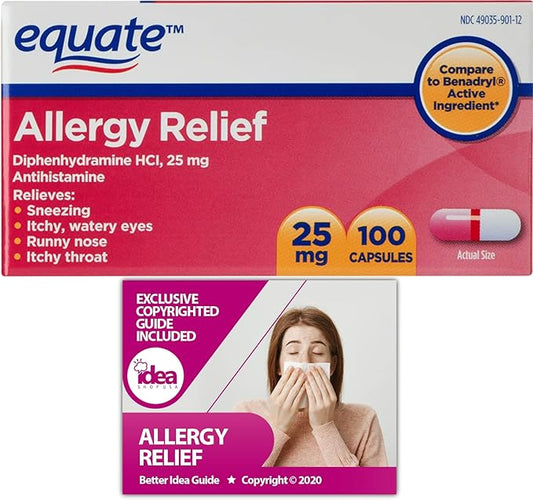 Equate Allergy Relief Capsules, 25 mg, 100 Ct 25 mg (2 Items)