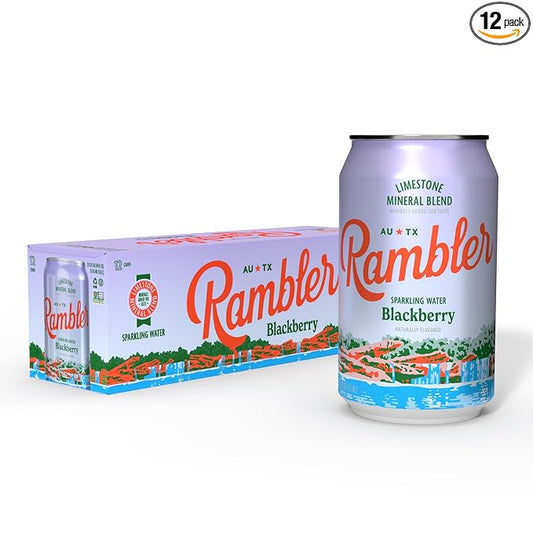 AUTX RAMBLER Blackberry Sparkling Water, Limestone Mineral Blend, 12-Ounce Cans, 12-Pack
