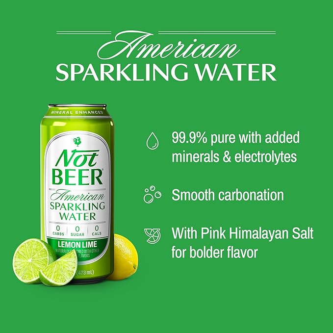 Not Beer American Sparkling Water, Lemon Lime, 99.9% Pure, Mineral & Electrolyte Blend, Carbonated Water, Soda Water, Sparkling Water Cans, Made in America, 16 Oz Tallboy Cans, 24 Pack