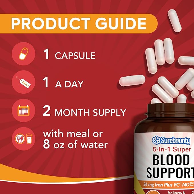 Iron Supplement, Iron Bisglycinate with Folate, B6, B12, B12, 5-in-1 5-in-1 Blood 60 Capsules