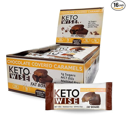 Keto Wise Fat Bombs - Made with Chocolate containing MCT Oil - Low Fat, Low Carb and Keto Friendly Snack - 8g Fat, 2g Net Carbs | Chocolate Covered Caramels, 2 Count (Pack of 16)