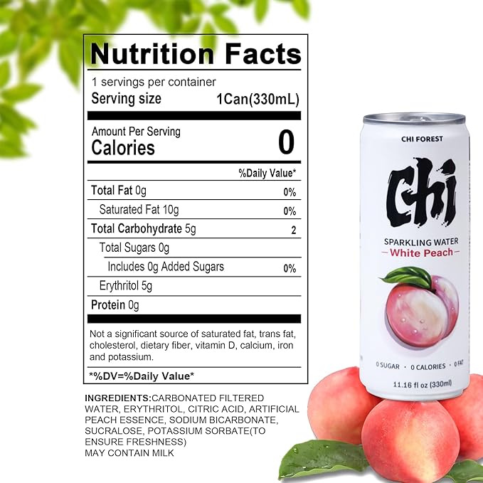 CHI FOREST White Peach Sparkling Water 24 Cans, Flavored Sparkling Water, 0 Sugar and 0 Calorie Bubbly Water, Refreshing Carbonated Water, Perfect for Party, Exercise or Work, 11.16 Fl oz, Pack of 24