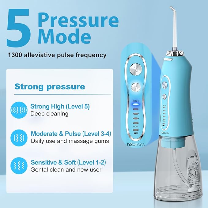 Water Dental Flosser Teeth Cleaner Pick, H2ofloss Cordless Irrigator,5 Mode IPX7 Waterproof 300ML Rechargeable