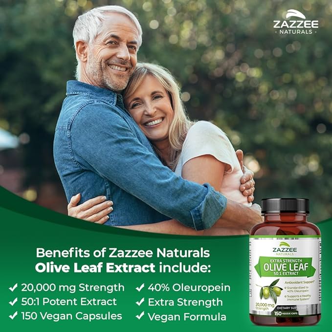 Zazzee Extra Strength Olive Leaf 50:1 20,000 mg 40% Oleuropein, 150 Vegan 5 Month 50X Extract, 100% Vegetarian,
