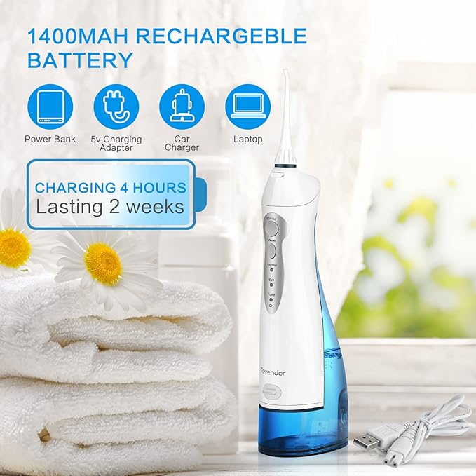 TOVENDOR Electric Water Flosser, Rechargeable Dental 3 Modes, 5 Tips (300ML, IPX7Waterproof IPX7Waterproof Waterflosser)