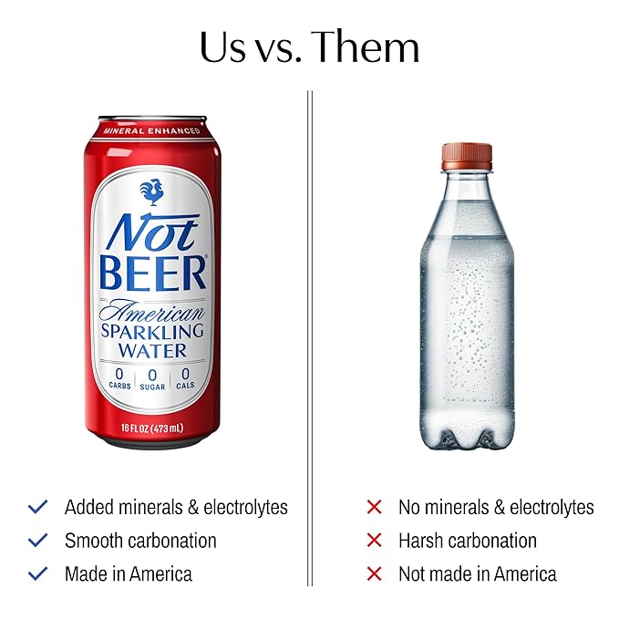 Not Beer American Sparkling Water, Original, 99.9% Pure, Mineral & Electrolyte Blend, Carbonated Soda Water, Made in America, 16 Oz Tallboy Cans, 12 Pack
